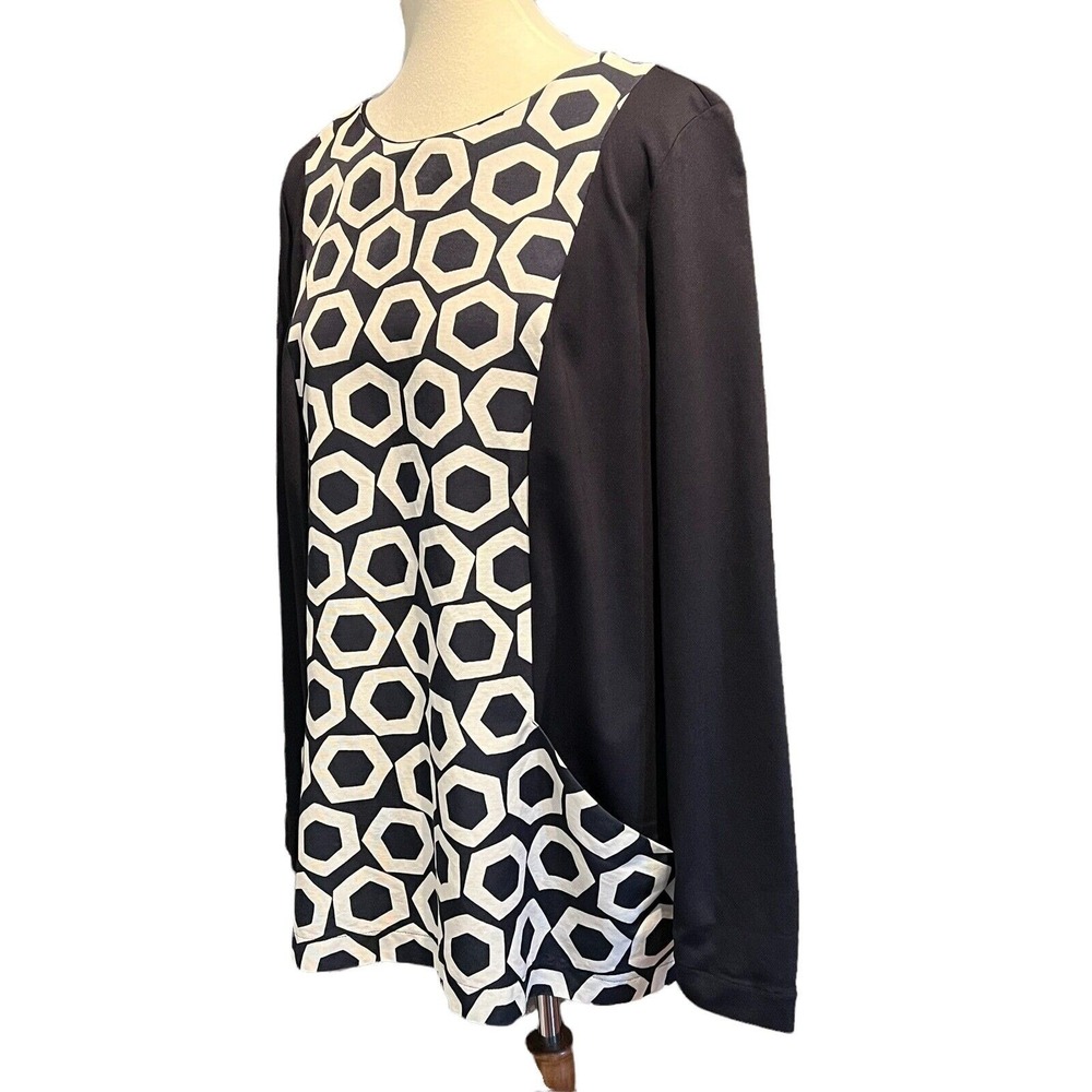 VOYAGE Marina Rinaldi Tunic Top Black White Geometric Print Pockets Art to Wear - Picture 3 of 11